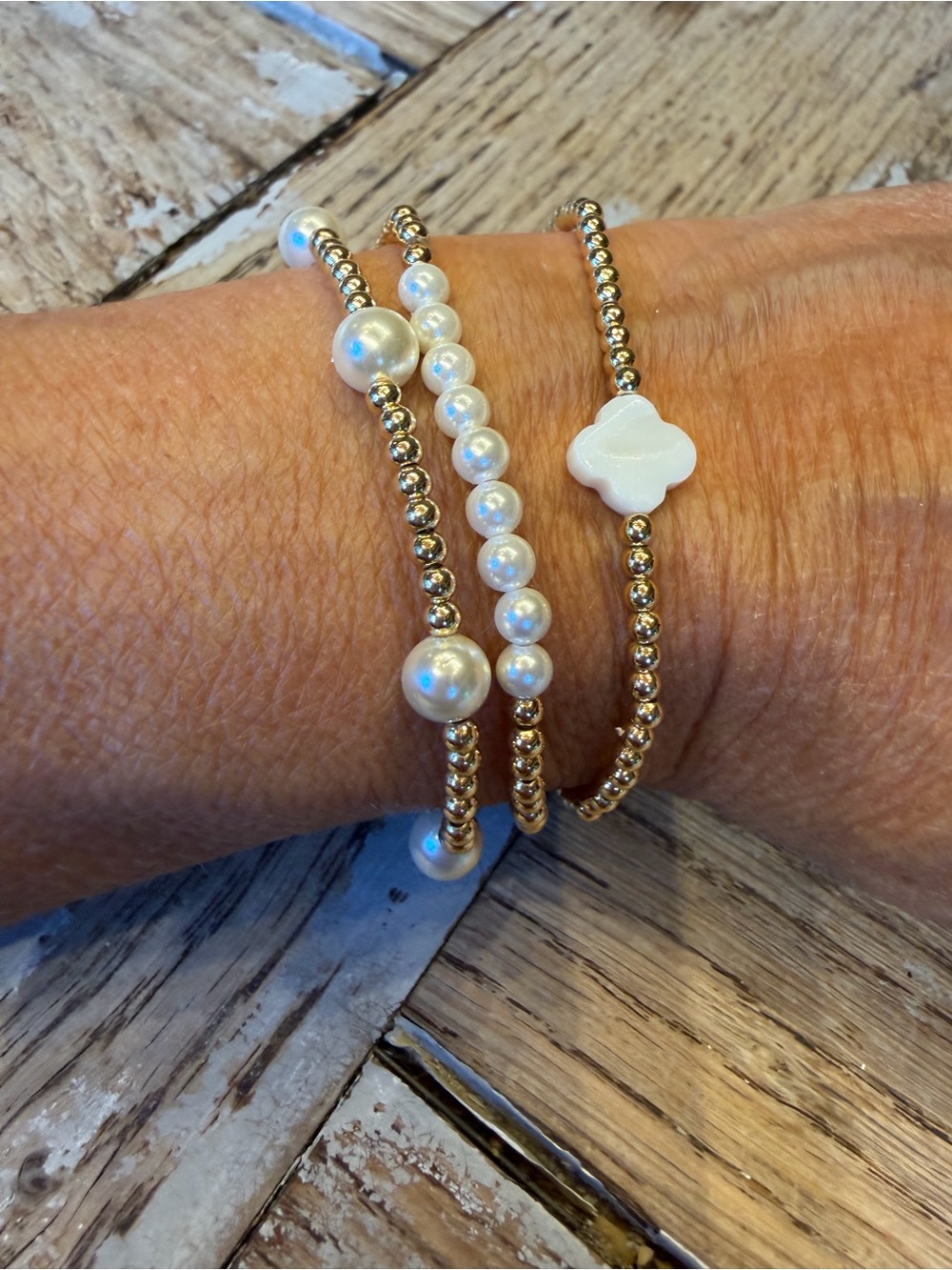 Gold and White Pearl Stretch Bracelet Set - Women Jewelry
